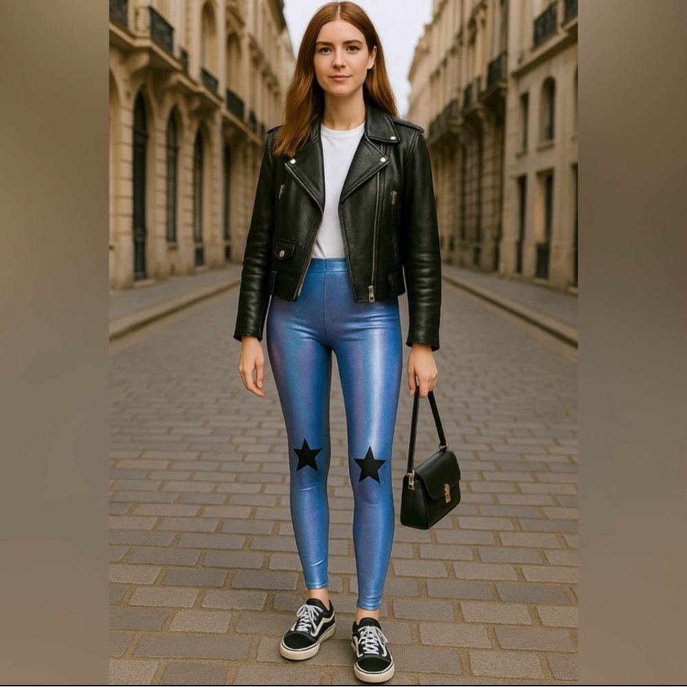 english rose metallic star leggings Blue 70s Disco Style fits s june sale